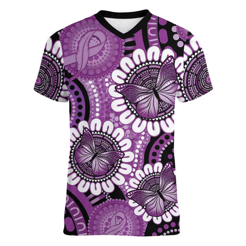 Australia Indigenous Butterflies Personalised Women V-Neck T-Shirt Lupus Awareness Purple Ribbon Aboriginal Art