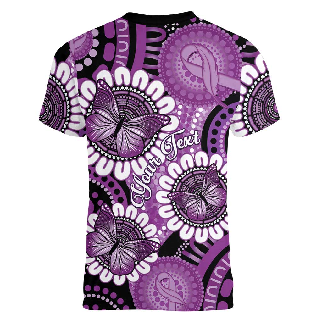 Australia Indigenous Butterflies Personalised Women V-Neck T-Shirt Lupus Awareness Purple Ribbon Aboriginal Art