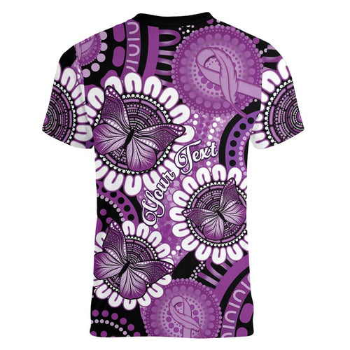 Australia Indigenous Butterflies Personalised Women V-Neck T-Shirt Lupus Awareness Purple Ribbon Aboriginal Art