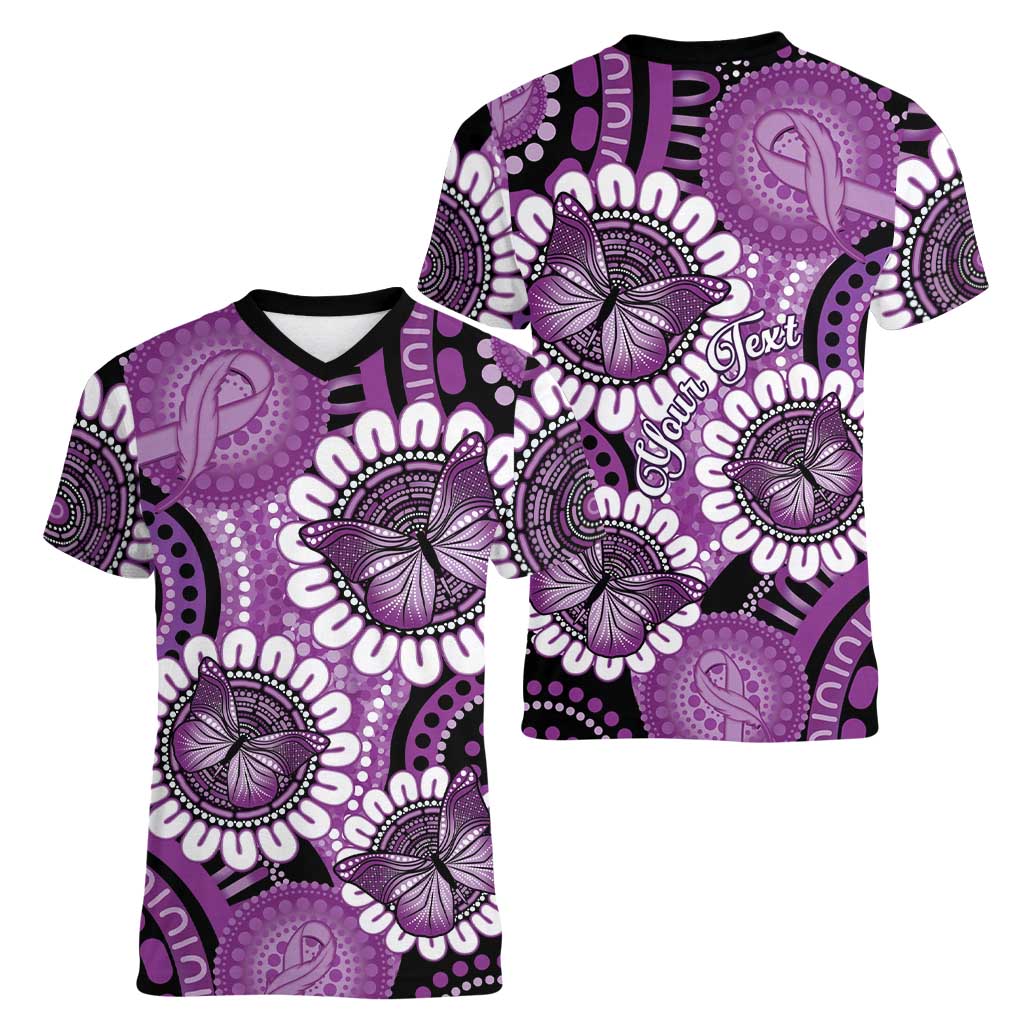Australia Indigenous Butterflies Personalised Women V-Neck T-Shirt Lupus Awareness Purple Ribbon Aboriginal Art