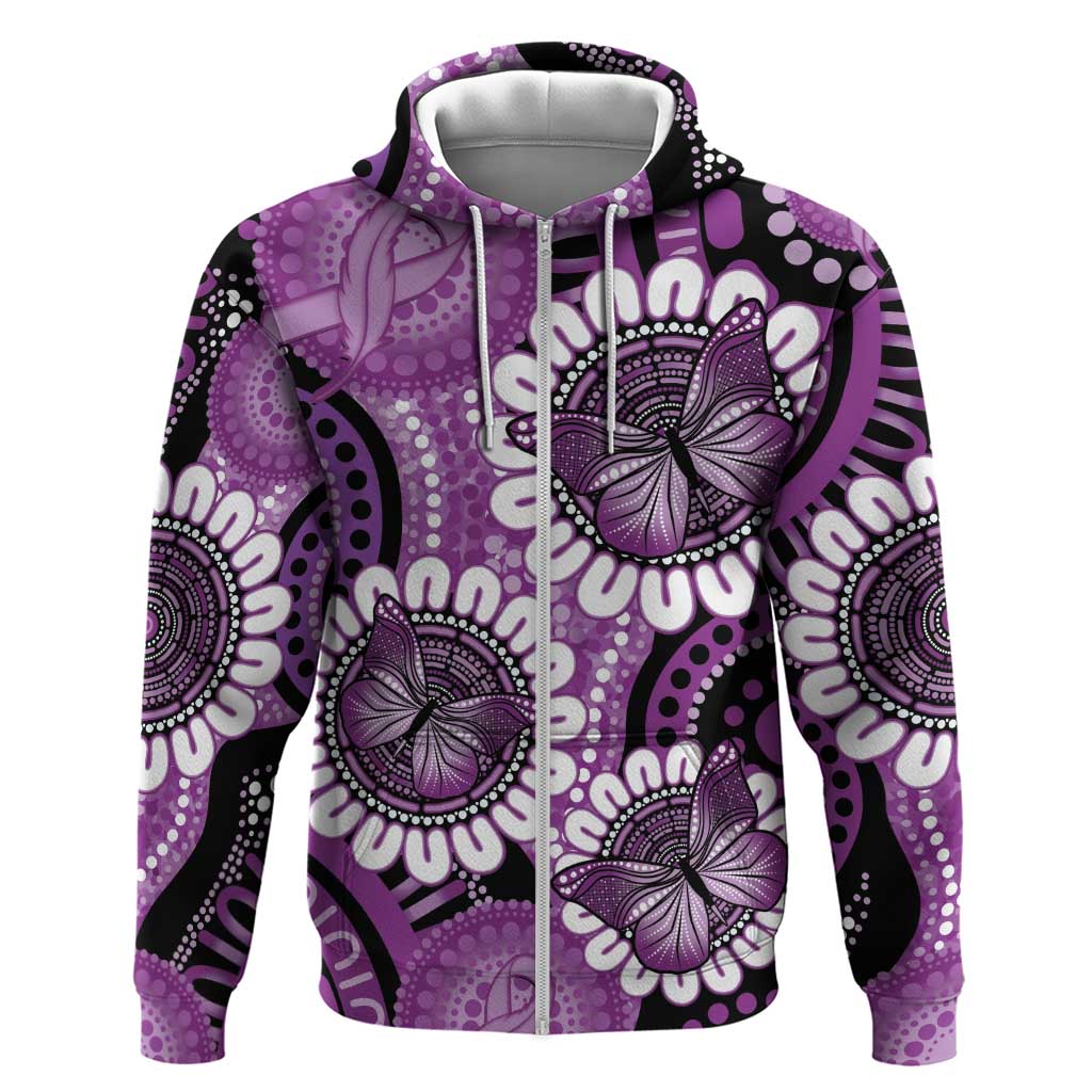 Australia Indigenous Butterflies Personalised Zip Hoodie Lupus Awareness Purple Ribbon Aboriginal Art