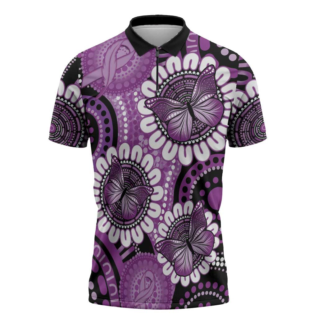 Australia Indigenous Butterflies Personalised Zipper Polo Shirt Lupus Awareness Purple Ribbon Aboriginal Art