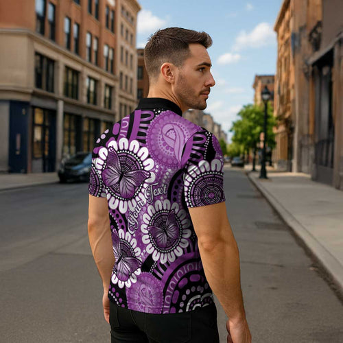 Australia Indigenous Butterflies Personalised Zipper Polo Shirt Lupus Awareness Purple Ribbon Aboriginal Art