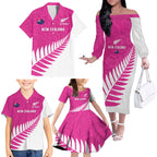 New Zealand Silver Fern Rugby Custom Family Matching Off The Shoulder Long Sleeve Dress and Hawaiian Shirt Go All Black Maori Pink Version