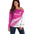 New Zealand Silver Fern Rugby Custom Off Shoulder Sweater Go All Black Maori Pink Version
