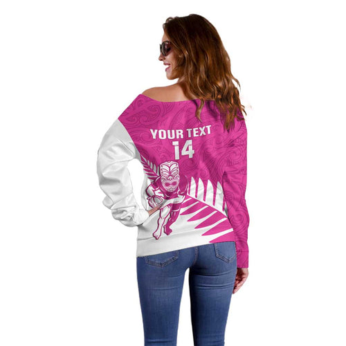 New Zealand Silver Fern Rugby Custom Off Shoulder Sweater Go All Black Maori Pink Version