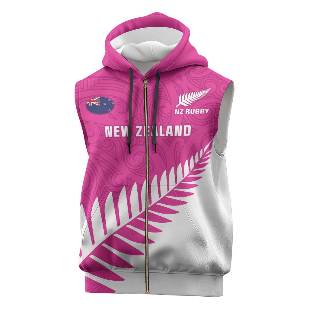 New Zealand Silver Fern Rugby Custom Sleeveless Zip Hoodie Go All Black Maori Pink Version - Aussie Hoodie