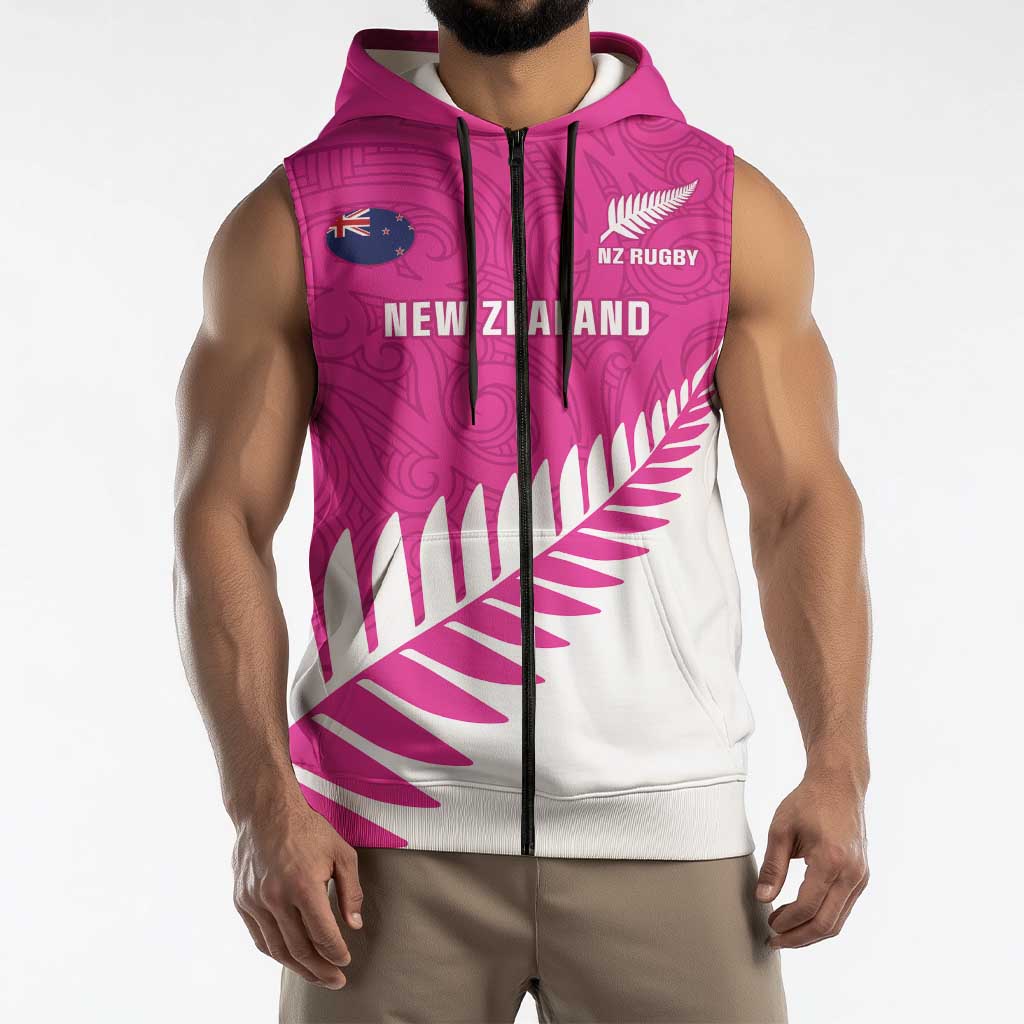 New Zealand Silver Fern Rugby Custom Sleeveless Zip Hoodie Go All Black Maori Pink Version LT14