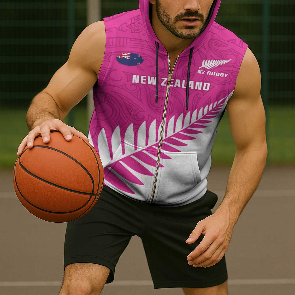 New Zealand Silver Fern Rugby Custom Sleeveless Zip Hoodie Go All Black Maori Pink Version - Aussie Hoodie