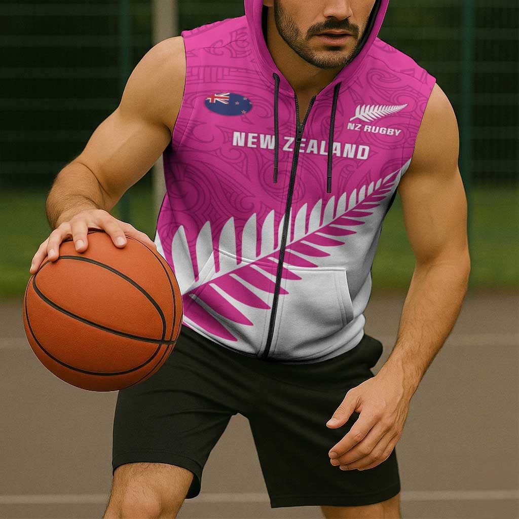 New Zealand Silver Fern Rugby Custom Sleeveless Zip Hoodie Go All Black Maori Pink Version LT14