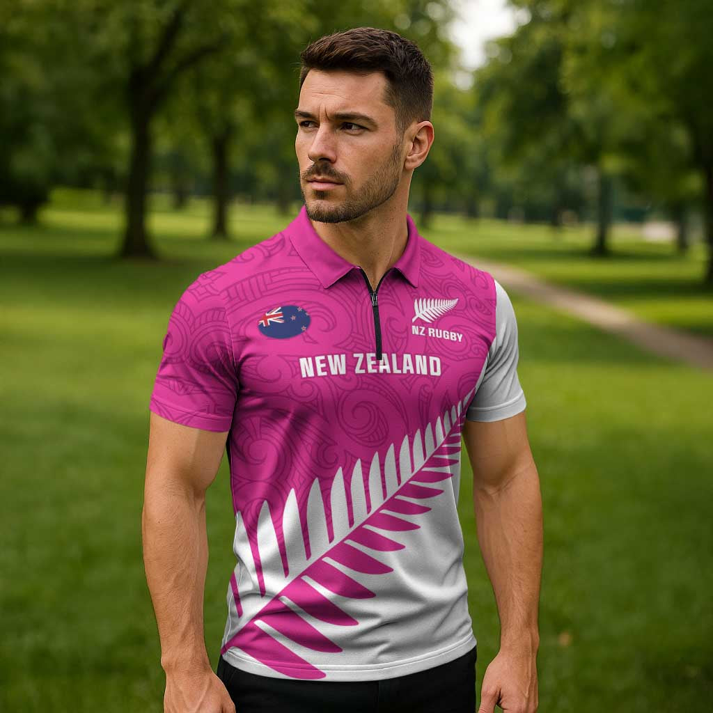New Zealand Silver Fern Rugby Custom Zipper Polo Shirt Go All Black Maori Pink Version - Aussie Hoodie