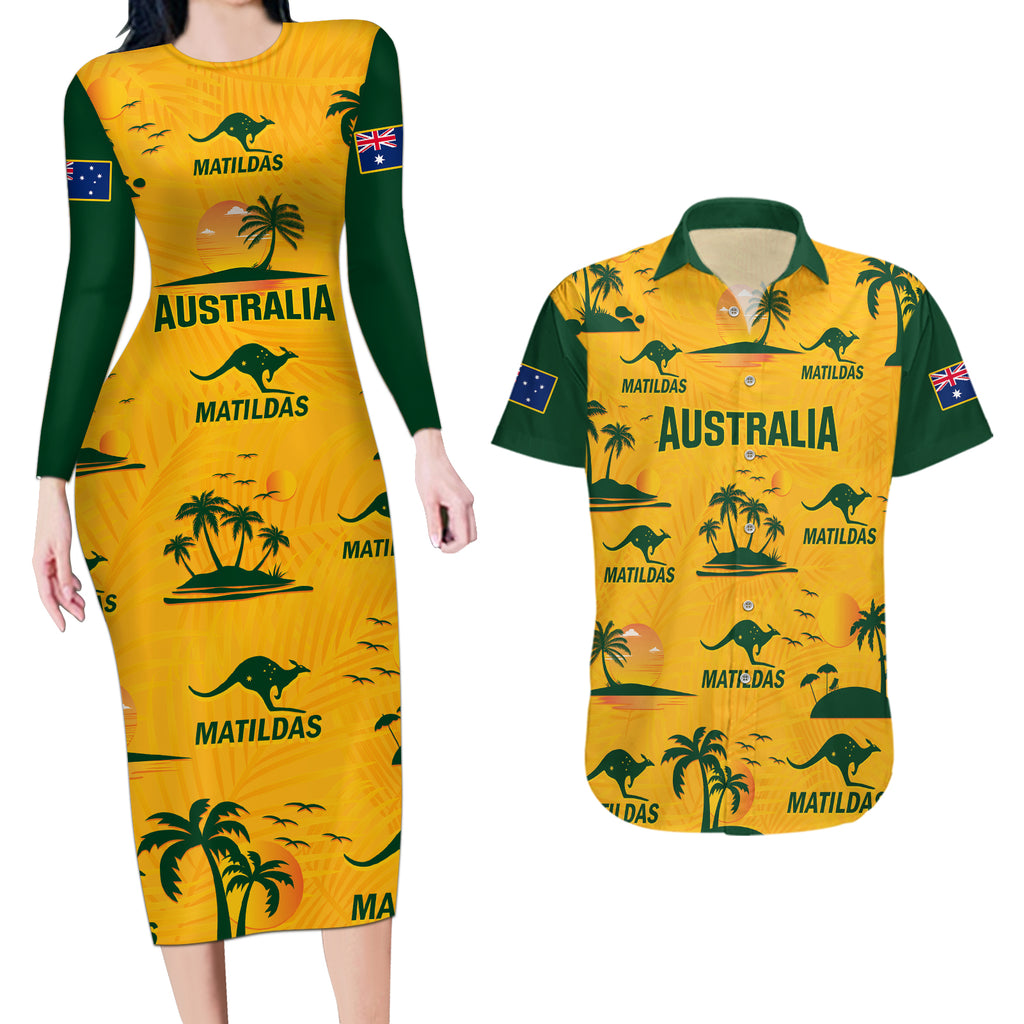 australia-soccer-couples-matching-long-sleeve-bodycon-dress-and-hawaiian-shirt-matildas-world-cup-2023-tropical-style