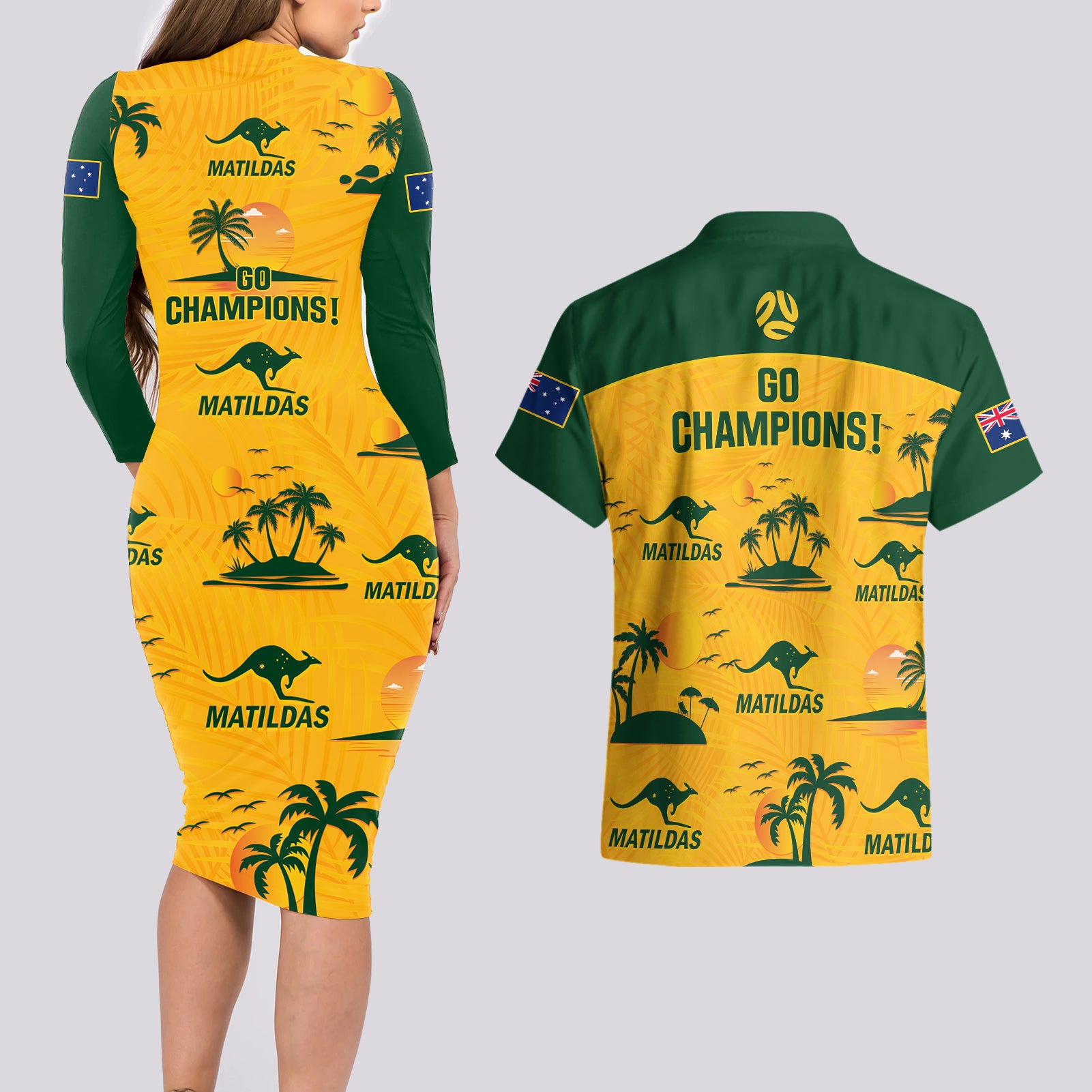 australia-soccer-couples-matching-long-sleeve-bodycon-dress-and-hawaiian-shirt-matildas-world-cup-2023-tropical-style