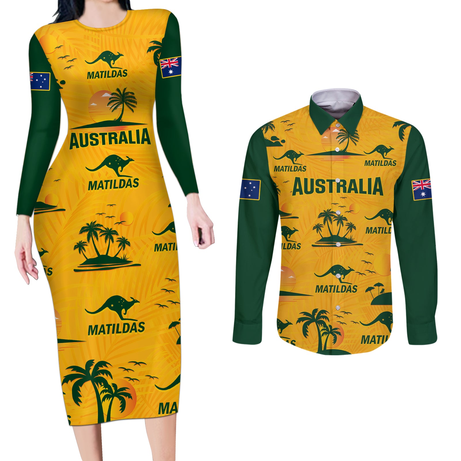 australia-soccer-couples-matching-long-sleeve-bodycon-dress-and-long-sleeve-button-shirts-matildas-world-cup-2023-tropical-style