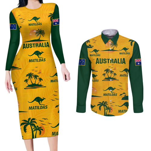 australia-soccer-couples-matching-long-sleeve-bodycon-dress-and-long-sleeve-button-shirts-matildas-world-cup-2023-tropical-style