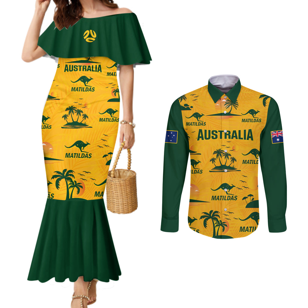 australia-soccer-couples-matching-mermaid-dress-and-long-sleeve-button-shirts-matildas-world-cup-2023-tropical-style