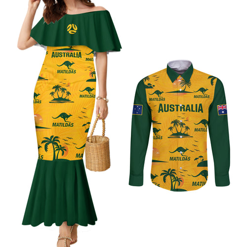 australia-soccer-couples-matching-mermaid-dress-and-long-sleeve-button-shirts-matildas-world-cup-2023-tropical-style