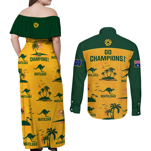 australia-soccer-couples-matching-off-shoulder-maxi-dress-and-long-sleeve-button-shirts-matildas-world-cup-2023-tropical-style