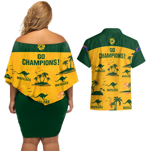 australia-soccer-couples-matching-off-shoulder-short-dress-and-hawaiian-shirt-matildas-world-cup-2023-tropical-style