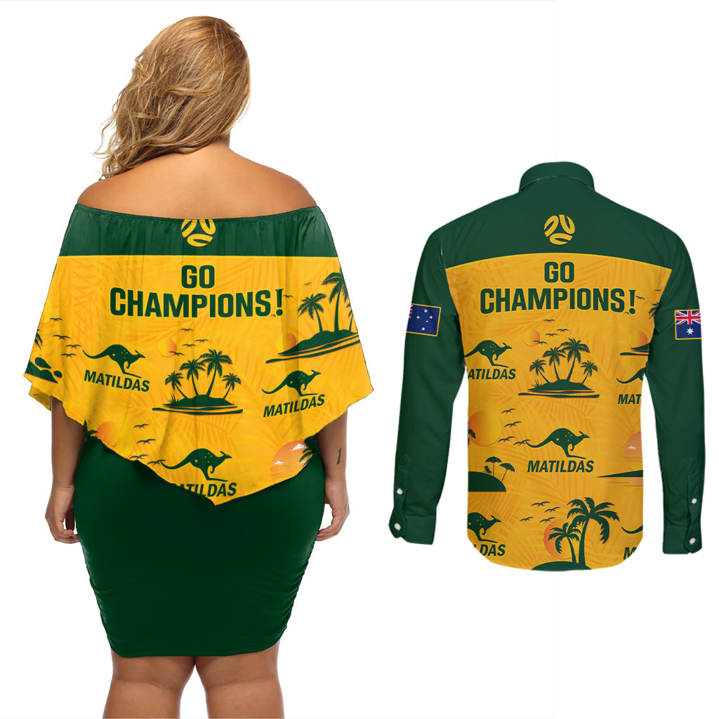 australia-soccer-couples-matching-off-shoulder-short-dress-and-long-sleeve-button-shirts-matildas-world-cup-2023-tropical-style
