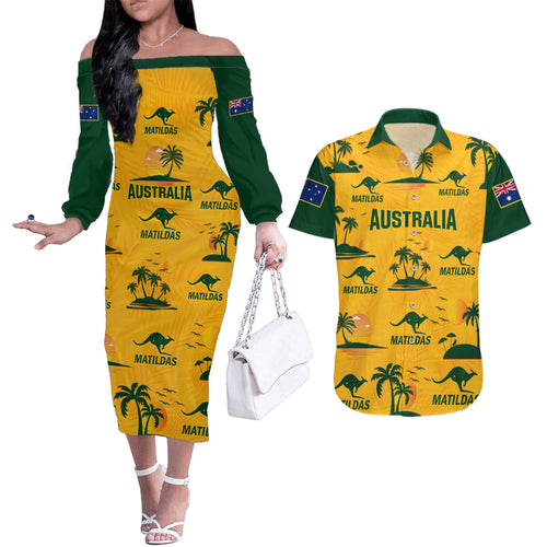 australia-soccer-couples-matching-off-the-shoulder-long-sleeve-dress-and-hawaiian-shirt-matildas-world-cup-2023-tropical-style