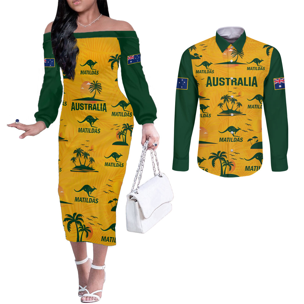 australia-soccer-couples-matching-off-the-shoulder-long-sleeve-dress-and-long-sleeve-button-shirts-matildas-world-cup-2023-tropical-style