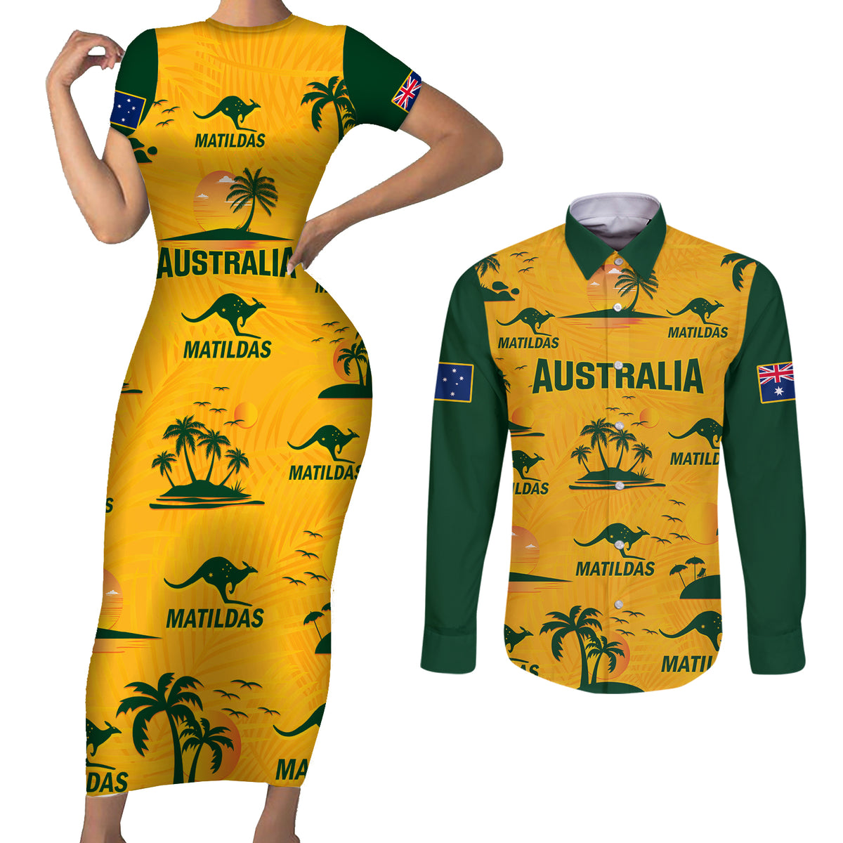 australia-soccer-couples-matching-short-sleeve-bodycon-dress-and-long-sleeve-button-shirts-matildas-world-cup-2023-tropical-style