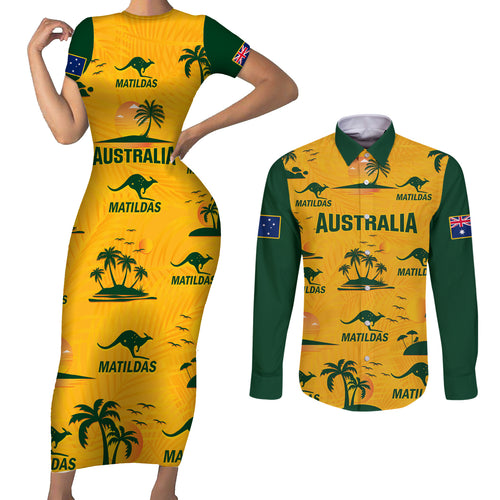 australia-soccer-couples-matching-short-sleeve-bodycon-dress-and-long-sleeve-button-shirts-matildas-world-cup-2023-tropical-style