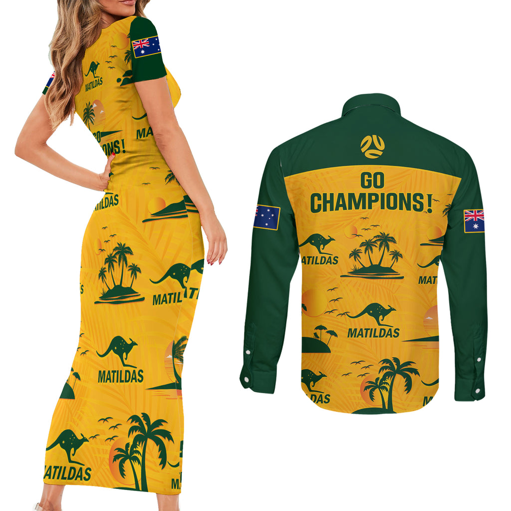australia-soccer-couples-matching-short-sleeve-bodycon-dress-and-long-sleeve-button-shirts-matildas-world-cup-2023-tropical-style