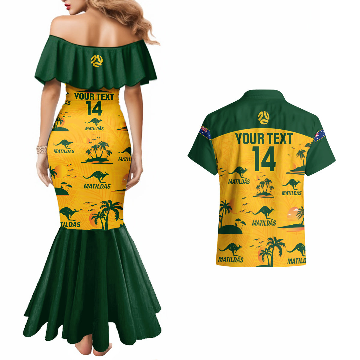 custom-australia-soccer-couples-matching-mermaid-dress-and-hawaiian-shirt-matildas-world-cup-2023-tropical-style