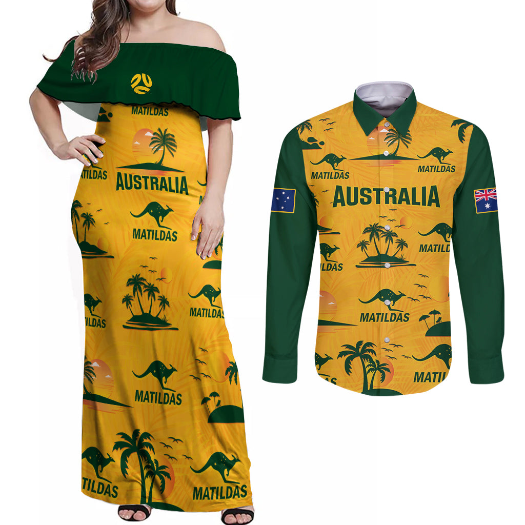 custom-australia-soccer-couples-matching-off-shoulder-maxi-dress-and-long-sleeve-button-shirts-matildas-world-cup-2023-tropical-style