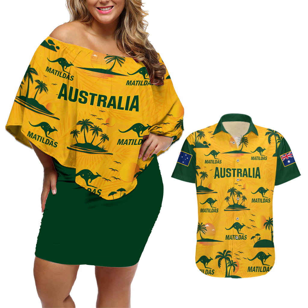 custom-australia-soccer-couples-matching-off-shoulder-short-dress-and-hawaiian-shirt-matildas-world-cup-2023-tropical-style