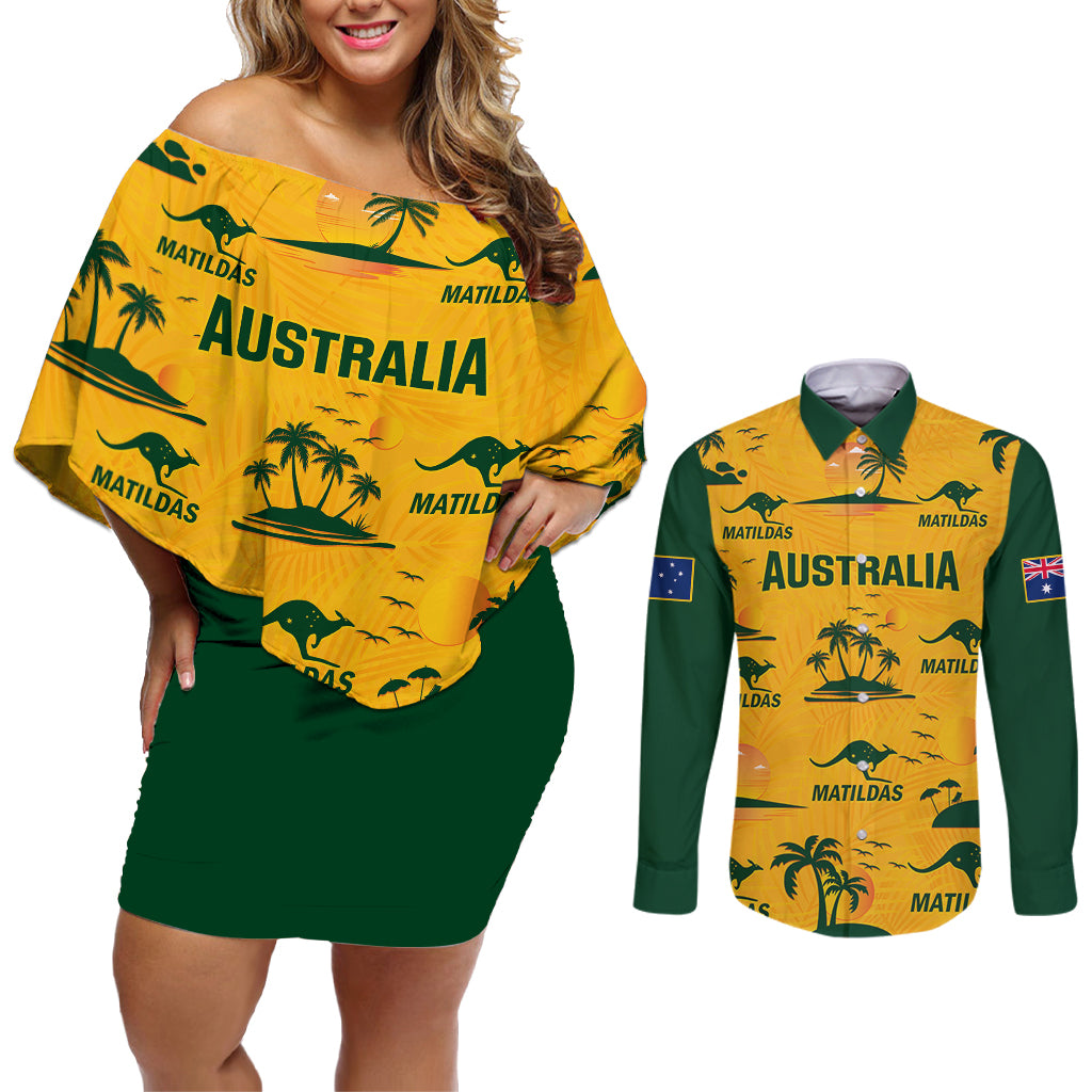 custom-australia-soccer-couples-matching-off-shoulder-short-dress-and-long-sleeve-button-shirts-matildas-world-cup-2023-tropical-style