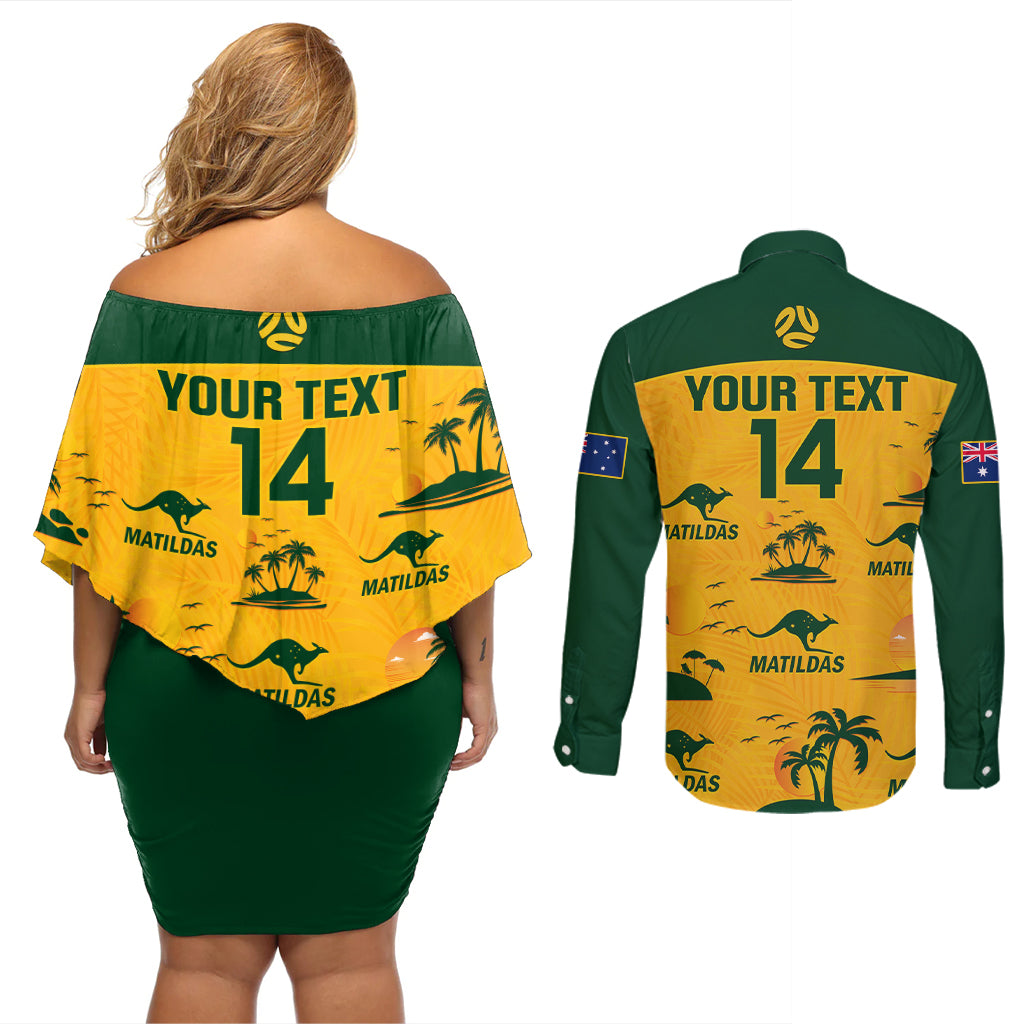 custom-australia-soccer-couples-matching-off-shoulder-short-dress-and-long-sleeve-button-shirts-matildas-world-cup-2023-tropical-style