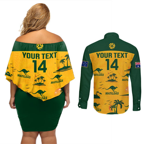 custom-australia-soccer-couples-matching-off-shoulder-short-dress-and-long-sleeve-button-shirts-matildas-world-cup-2023-tropical-style