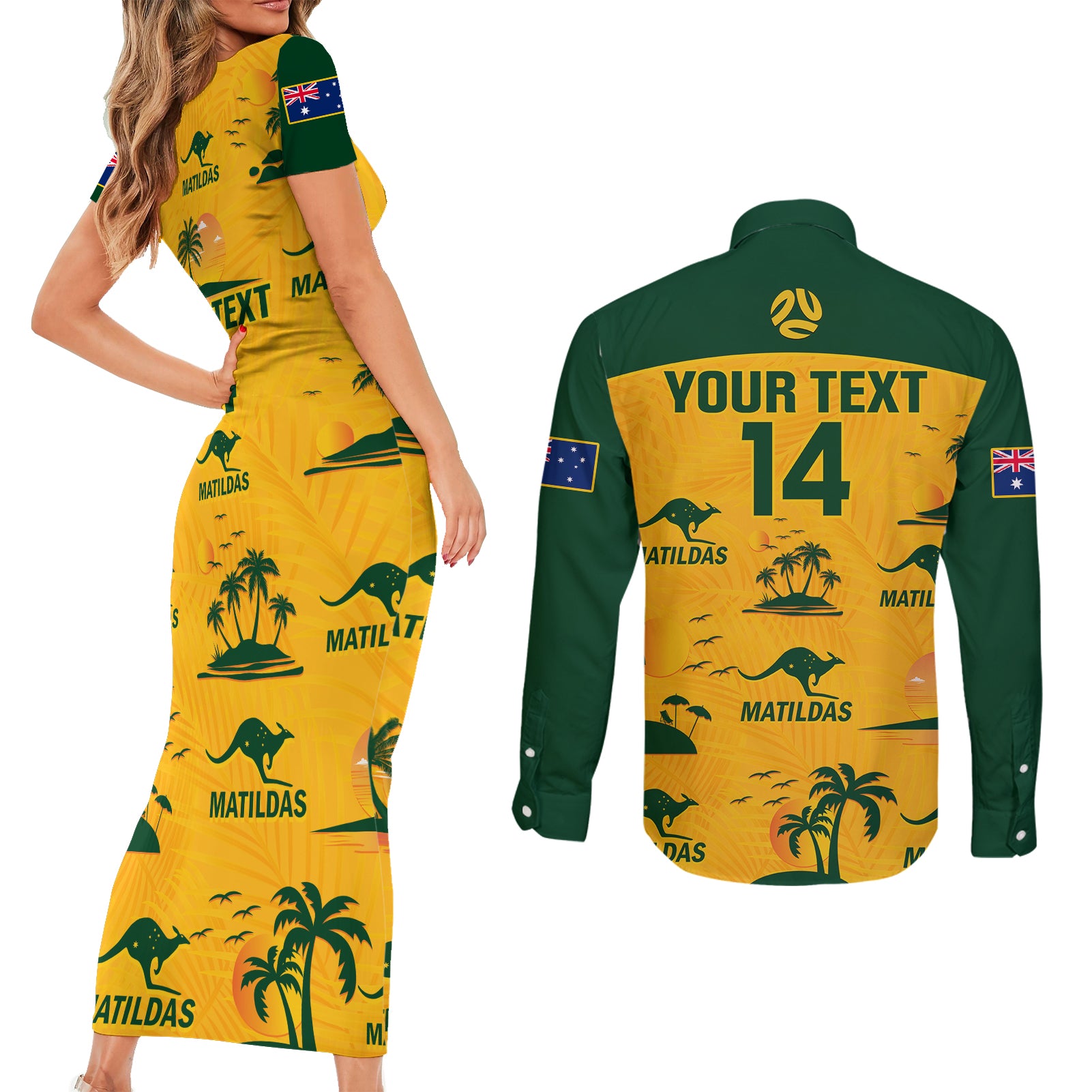 custom-australia-soccer-couples-matching-short-sleeve-bodycon-dress-and-long-sleeve-button-shirts-matildas-world-cup-2023-tropical-style