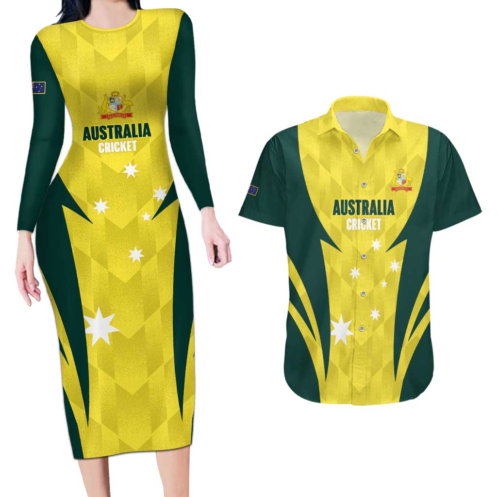 Australia Cricket Custom Couples Matching Long Sleeve Bodycon Dress and Hawaiian Shirt Go Aussie Dynamic Yellow - Aussie Hoodie