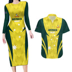 Australia Cricket Custom Couples Matching Long Sleeve Bodycon Dress and Hawaiian Shirt Go Aussie Dynamic Yellow - Aussie Hoodie