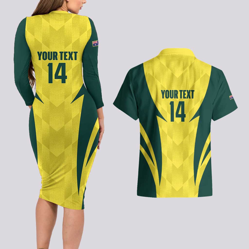 Australia Cricket Custom Couples Matching Long Sleeve Bodycon Dress and Hawaiian Shirt Go Aussie Dynamic Yellow - Aussie Hoodie