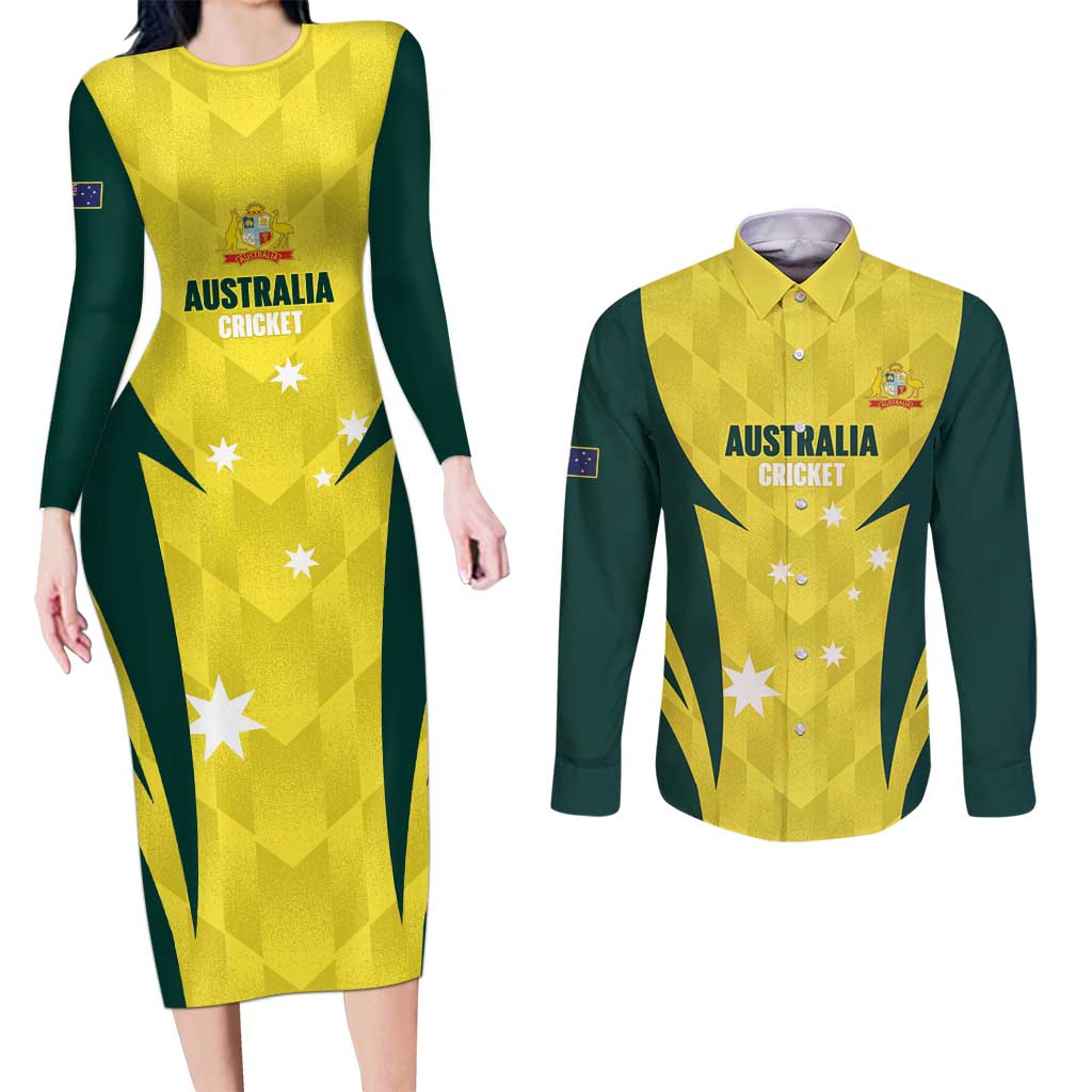Australia Cricket Custom Couples Matching Long Sleeve Bodycon Dress and Long Sleeve Button Shirt Go Aussie Dynamic Yellow - Aussie Hoodie
