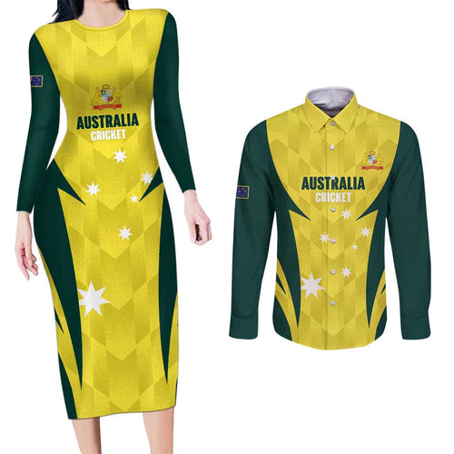 Australia Cricket Custom Couples Matching Long Sleeve Bodycon Dress and Long Sleeve Button Shirt Go Aussie Dynamic Yellow - Aussie Hoodie