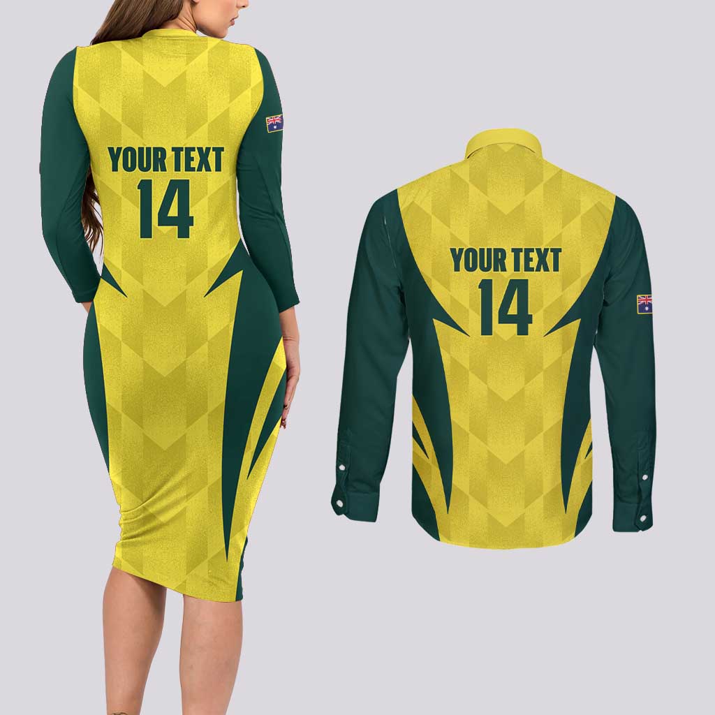 Australia Cricket Custom Couples Matching Long Sleeve Bodycon Dress and Long Sleeve Button Shirt Go Aussie Dynamic Yellow - Aussie Hoodie