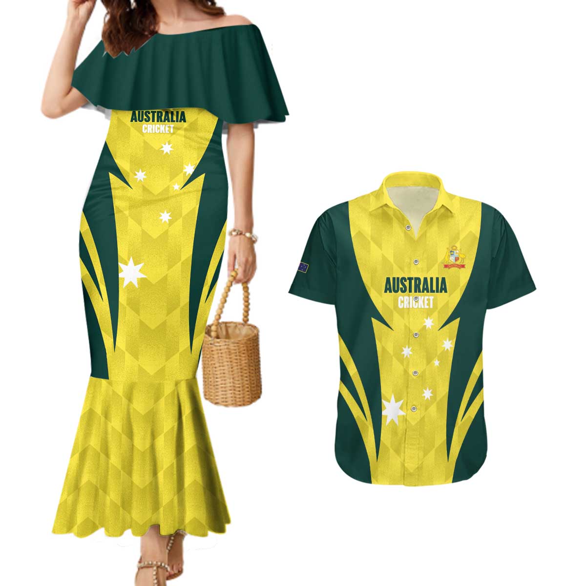 Australia Cricket Custom Couples Matching Mermaid Dress and Hawaiian Shirt Go Aussie Dynamic Yellow - Aussie Hoodie