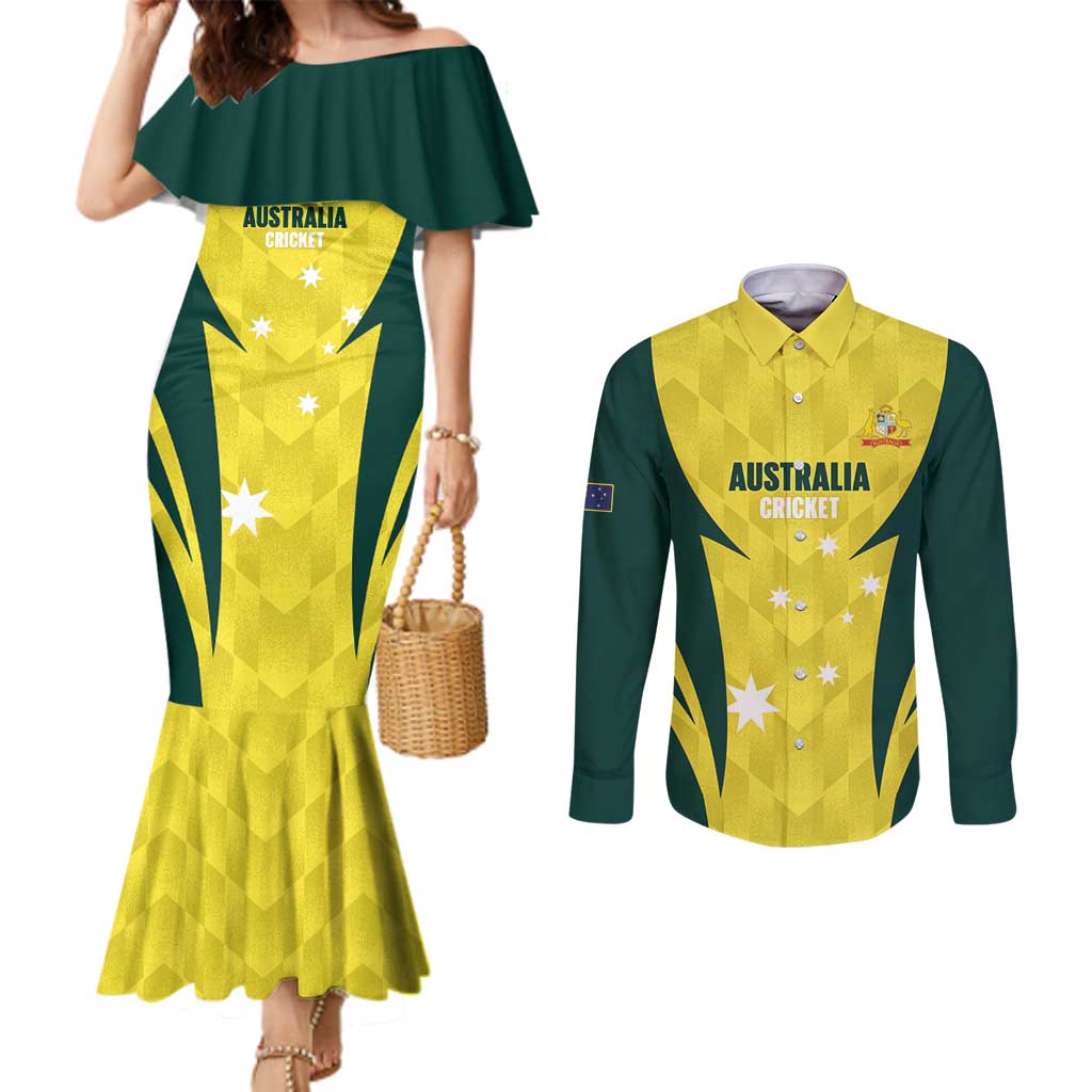 Australia Cricket Custom Couples Matching Mermaid Dress and Long Sleeve Button Shirt Go Aussie Dynamic Yellow - Aussie Hoodie
