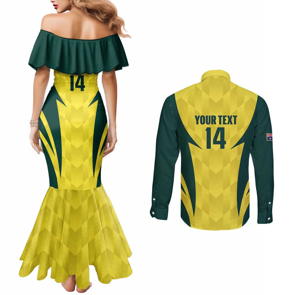 Australia Cricket Custom Couples Matching Mermaid Dress and Long Sleeve Button Shirt Go Aussie Dynamic Yellow - Aussie Hoodie