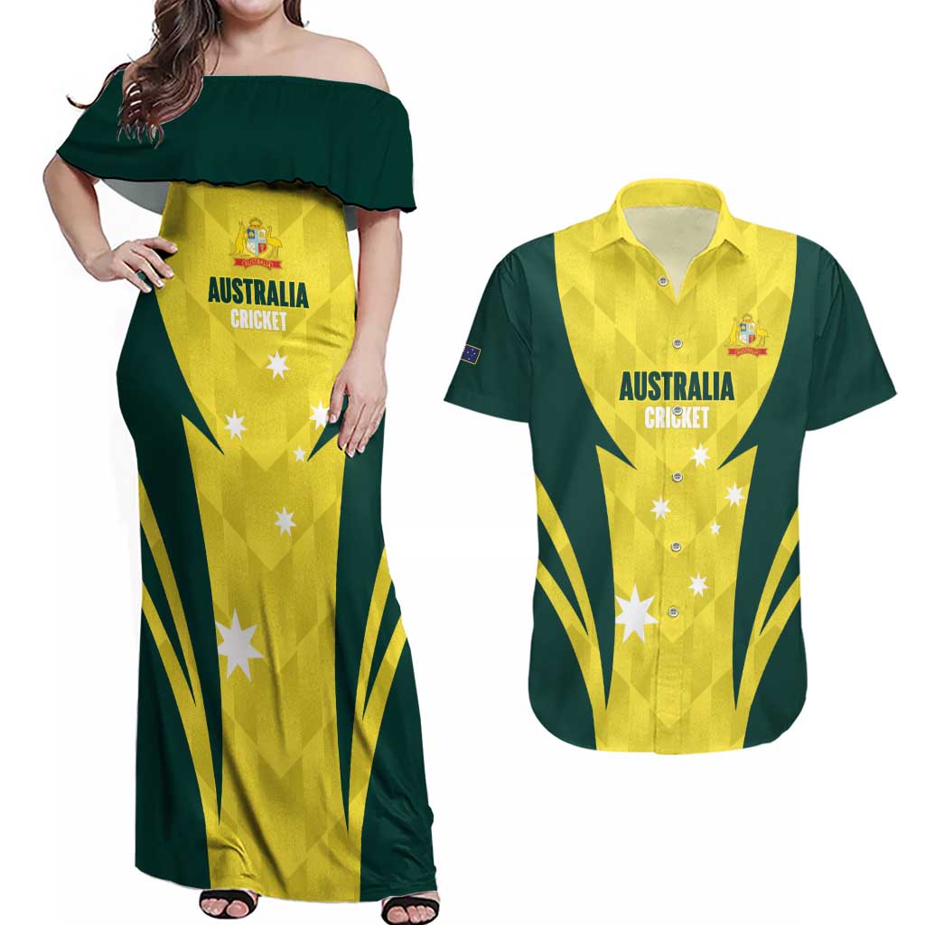 Australia Cricket Custom Couples Matching Off Shoulder Maxi Dress and Hawaiian Shirt Go Aussie Dynamic Yellow - Aussie Hoodie