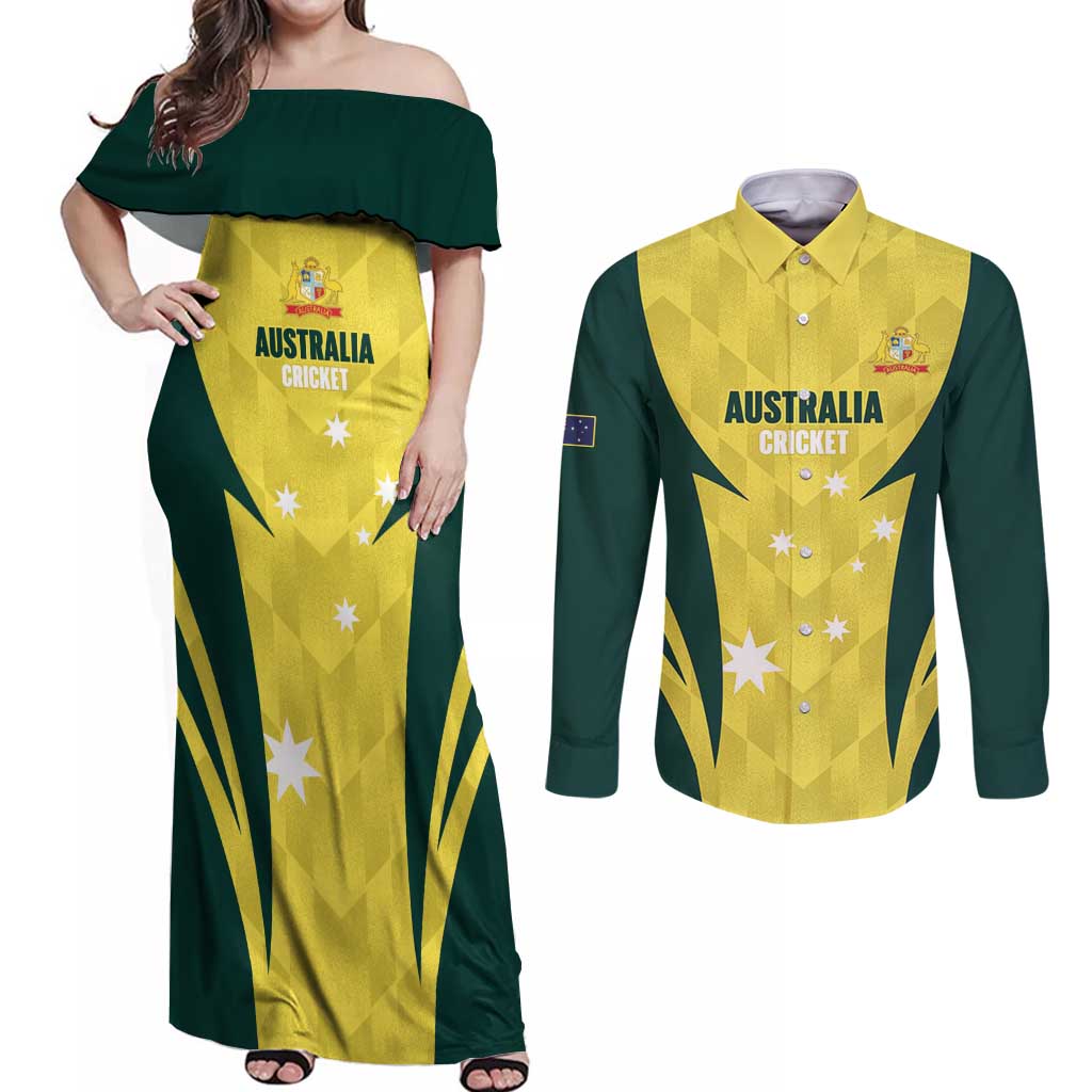 Australia Cricket Custom Couples Matching Off Shoulder Maxi Dress and Long Sleeve Button Shirt Go Aussie Dynamic Yellow - Aussie Hoodie