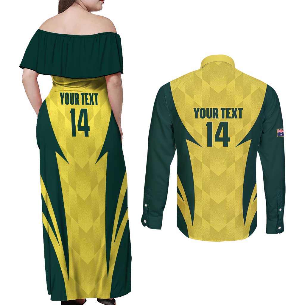 Australia Cricket Custom Couples Matching Off Shoulder Maxi Dress and Long Sleeve Button Shirt Go Aussie Dynamic Yellow - Aussie Hoodie