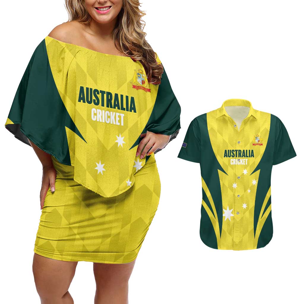 Australia Cricket Custom Couples Matching Off Shoulder Short Dress and Hawaiian Shirt Go Aussie Dynamic Yellow - Aussie Hoodie