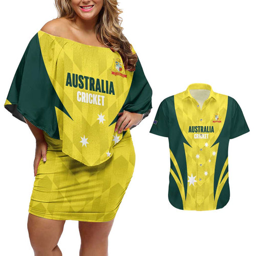 Australia Cricket Custom Couples Matching Off Shoulder Short Dress and Hawaiian Shirt Go Aussie Dynamic Yellow - Aussie Hoodie